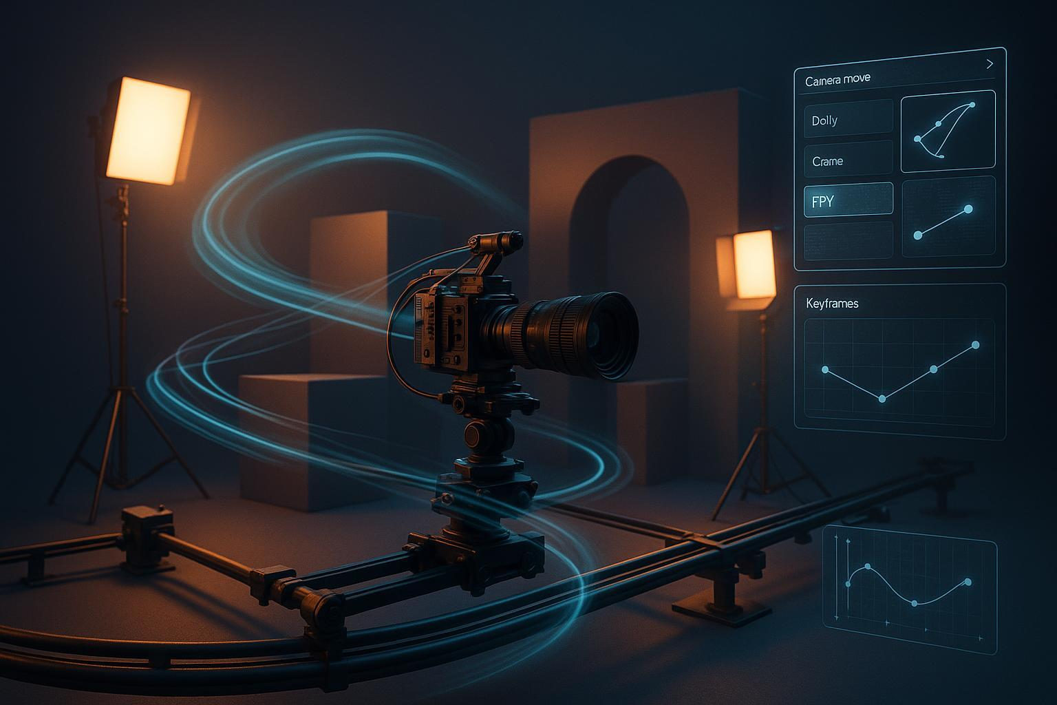 Camera cinematografica su slider con grafica in sovrimpressione